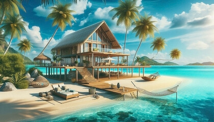 Depict a tropical beachfront house with open-concept living spaces, large wooden decks, palm trees, a hammock, and a breathtaking view of crystal-clear turquoise waters under a bright blue sky