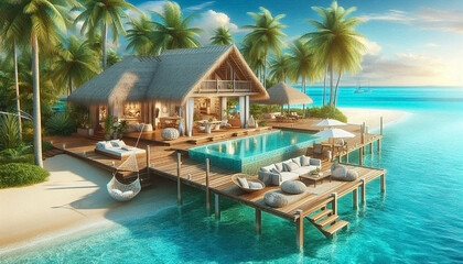 Depict a tropical beachfront house with open-concept living spaces, large wooden decks, palm trees, a hammock, and a breathtaking view of crystal-clear turquoise waters under a bright blue sky