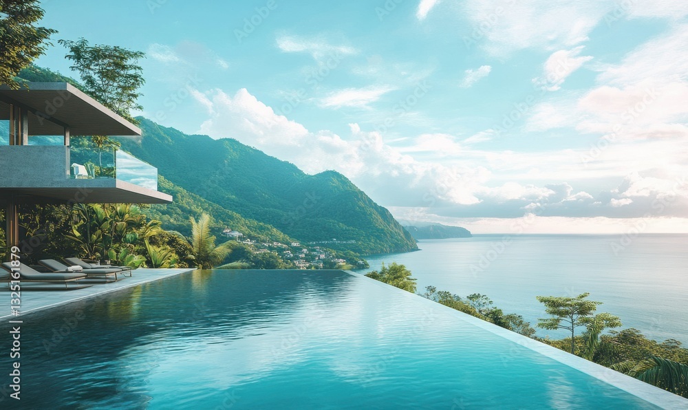 Poster tranquil spa experience with infinity pool overlooking lush green mountains and serene ocean in a re
