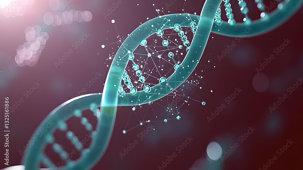 Poster teal 3d rendered dna double helix with digital network effect on dark red background depicting genet