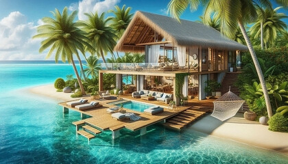 Depict a tropical beachfront house with open-concept living spaces, large wooden decks, palm trees, a hammock, and a breathtaking view of crystal-clear turquoise waters under a bright blue sky