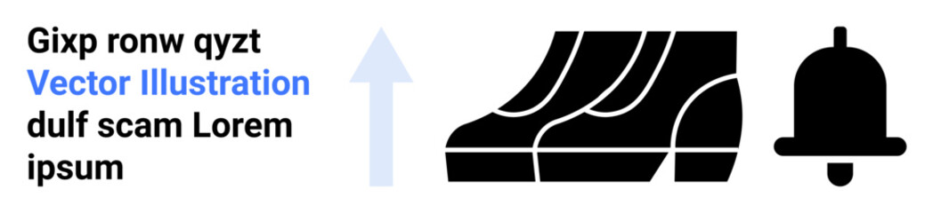 Bold black footsteps, upward arrow indicating progress, and notification bell implying alerts or updates. Ideal for communication, progress, growth, notifications, success, guidance and flat landing