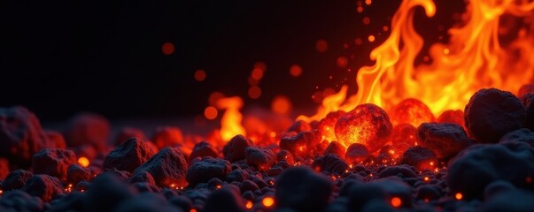 Fiery embers, glowing orange and red, against black , macro, light