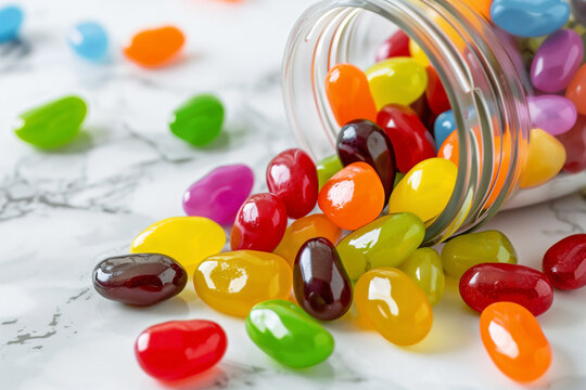 Bright multicolored jelly beans scattered on a white marble table, spilling from a glass container. Perfect candy assortment imagery for vibrant and cheerful visual themes or confectionery
