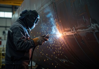 Welder skillfully joining metal with sparks in industrial workshop