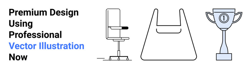 Office chair symbolizing workspace, reusable shopping bag representing modern retail, and trophy signifying success. Ideal for business, retail, sustainability, productivity, goals, achievement flat