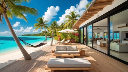 Depict a tropical beachfront house with open-concept living spaces, large wooden decks, palm trees, a hammock, and a breathtaking view of crystal-clear turquoise waters under a bright blue sky