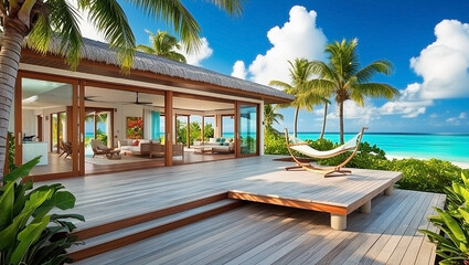 Depict a tropical beachfront house with open-concept living spaces, large wooden decks, palm trees, a hammock, and a breathtaking view of crystal-clear turquoise waters under a bright blue sky
