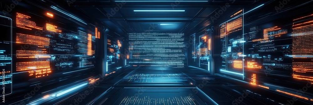 Aufkleber Digital interface displaying code within a dark futuristic environment featuring glowing screens and golden ratio grid alignment