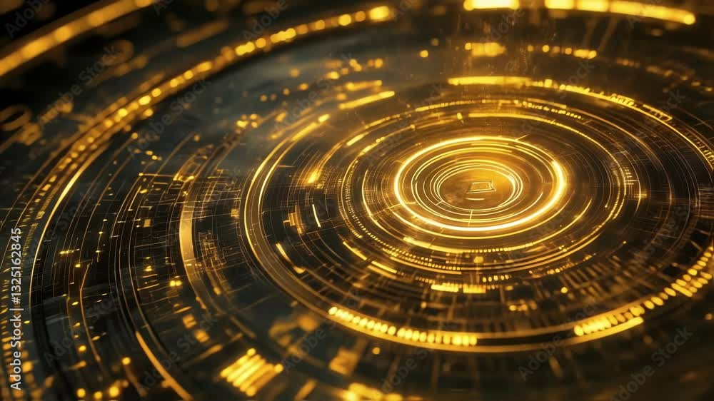 Poster futuristic golden interface showing innovative manufacturing process with data flow, representing ad