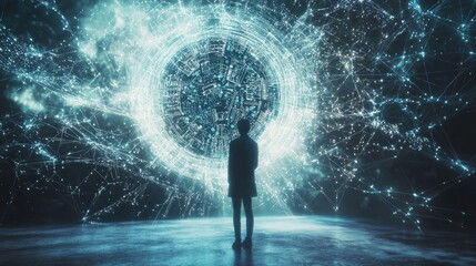 Man facing futuristic glowing orb, digital network.