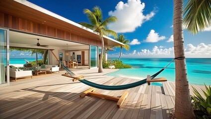 Depict a tropical beachfront house with open-concept living spaces, large wooden decks, palm trees, a hammock, and a breathtaking view of crystal-clear turquoise waters under a bright blue sky