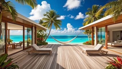 Depict a tropical beachfront house with open-concept living spaces, large wooden decks, palm trees, a hammock, and a breathtaking view of crystal-clear turquoise waters under a bright blue sky