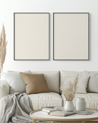 Two blank frames above a beige sofa in a minimalist living room.