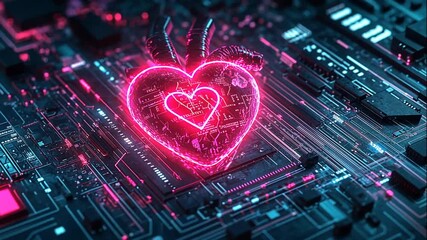 Glowing Heart Circuit Board Tech Love Abstract Concept - Powered by Adobe