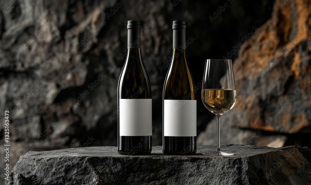 Poster two elegant wine bottles with blank labels on minimalist background for custom branding