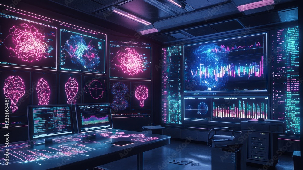 Poster futuristic control room with holographic brain data displays and computer workstations.