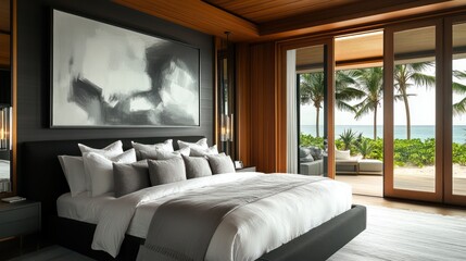 Fototapeta premium A serene and sophisticated bedroom with deep charcoal walls and wood paneling on the ceiling