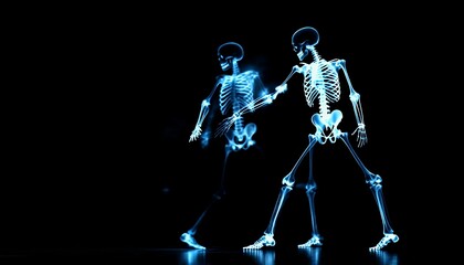 Glowing Blue Pixel Skeletons Walking in the Dark