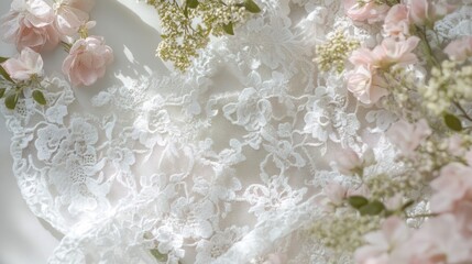 Fototapeta premium Delicate white lace adorned with soft pink and green floral elements