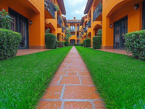 An orange building courtyard with a brick path and green grass