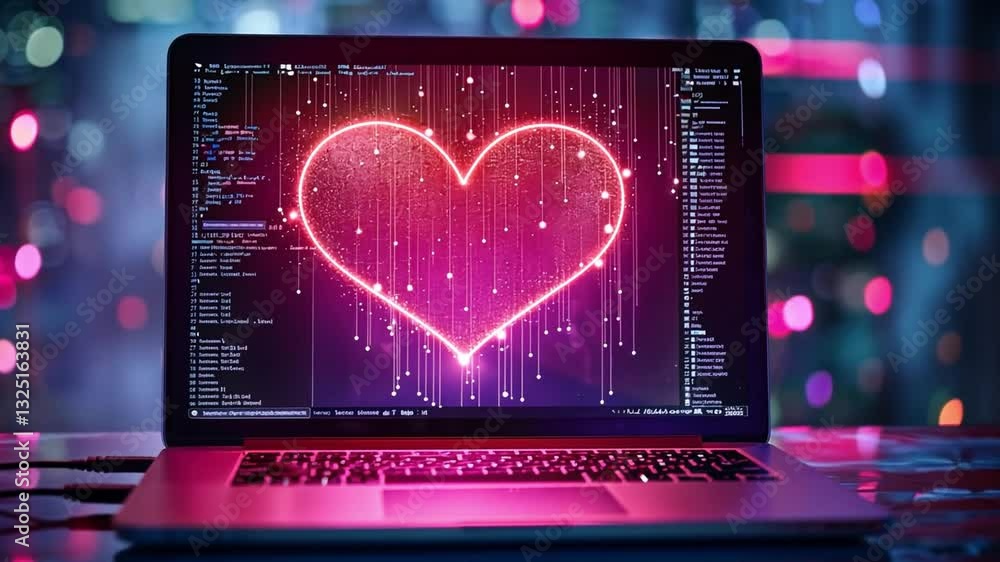 Poster A glowing heart animation emerges from coding on a laptop screen, surrounded by vibrant lights in a bustling urban setting at night. The atmosphere conveys innovation and creativity.