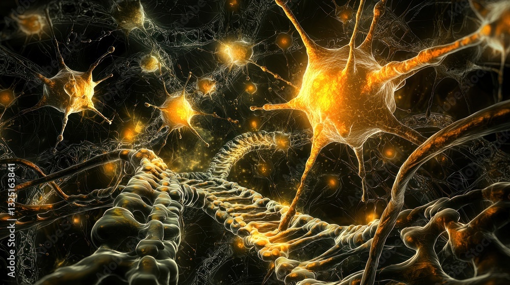 Poster microscopic view of glowing neurons and synapses.