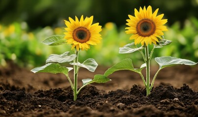 Two sunflowers are growing in a patch of dirt. The dirt is brown and the sunflowers are yellow