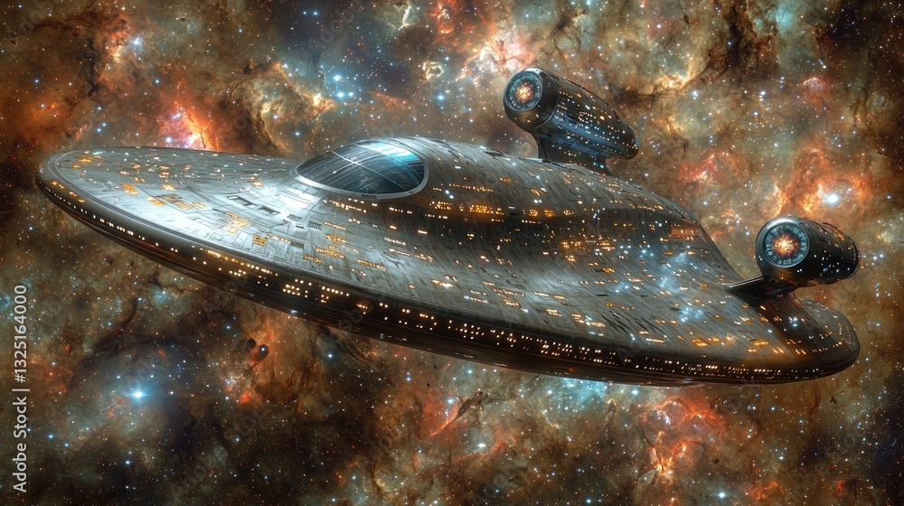 Poster interstellar voyager: spaceship exploring nebula in deep space adventure