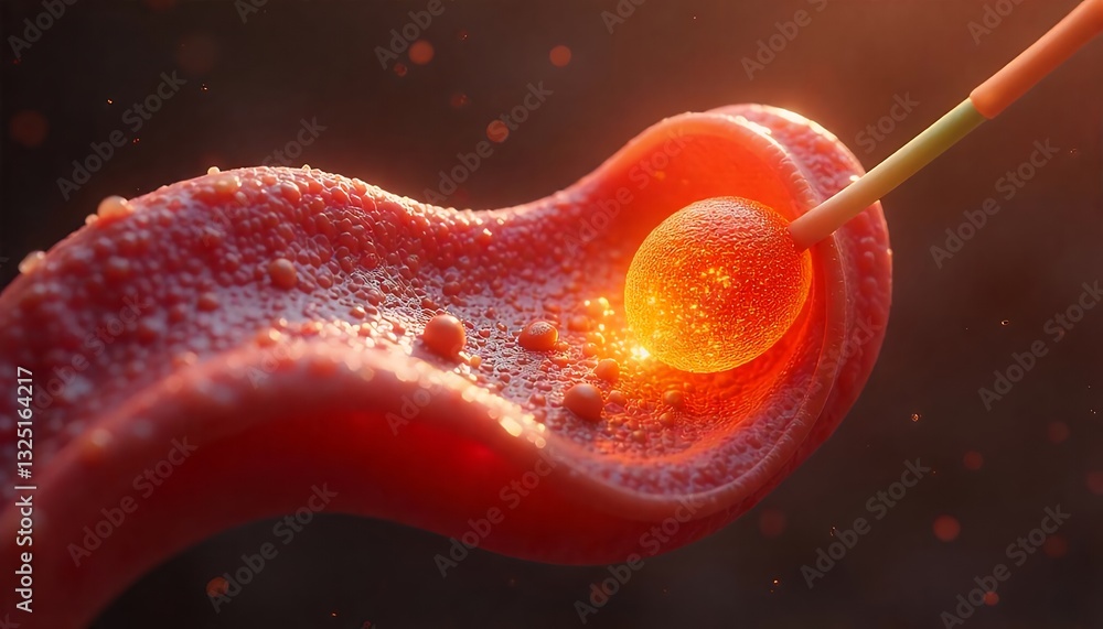 Fototapete glowing orb insertion into reddish organic structure: microscopic 3d render