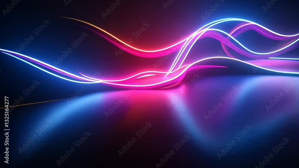 Poster vivid neon light trails creating dynamic waves on reflective surface