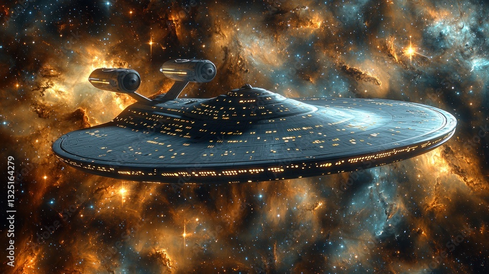 Poster interstellar vessel navigating through a vibrant nebula in deep space exploration