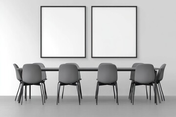 Two blank frames above a long table with chairs.