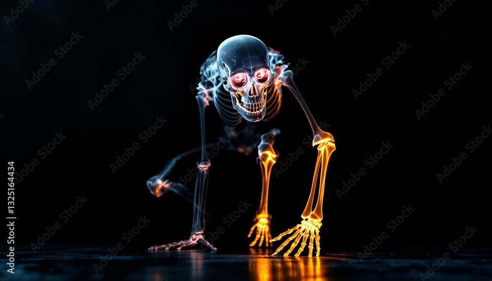 Poster glowing skeletal figure in a dark setting: a digital rendering of a crouching skeleton with blue and