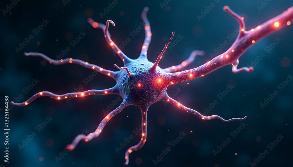 Poster glowing red synapses on a detailed neuron cell microscopic view