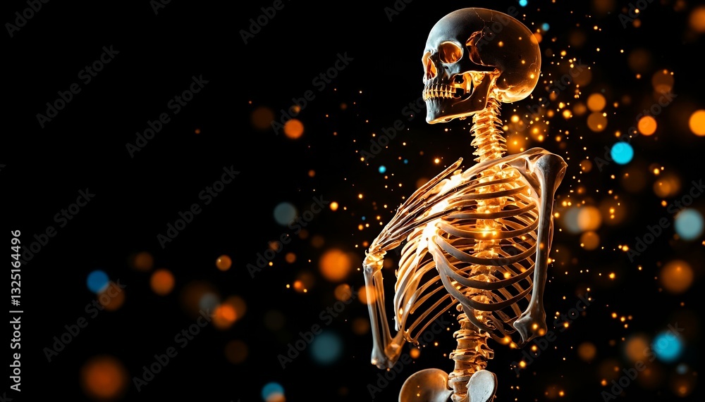 Poster glowing skeleton in dark bokeh background: 3d rendered anatomy