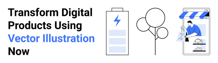 Battery icon emphasizing energy, trees symbolizing sustainability, and ecommerce storefront highlighting digital retail innovation. Ideal for energy, sustainability, ecommerce, marketing, online