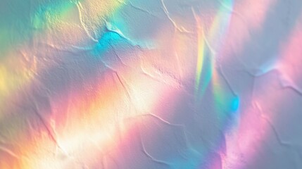 Dreamy holographic rainbow light refraction texture overlay with abstract soft bokeh effect on a white wall. Organic prismatic glow and natural shadows. Background with copy space