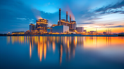 An illuminated industrial power plant reflecting on the water at dusk