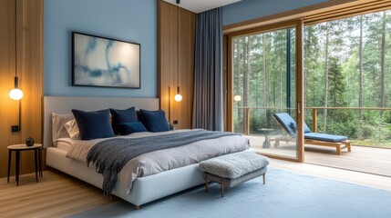 A sleek and spacious bedroom with pale blue walls and natural oak wooden wall panels