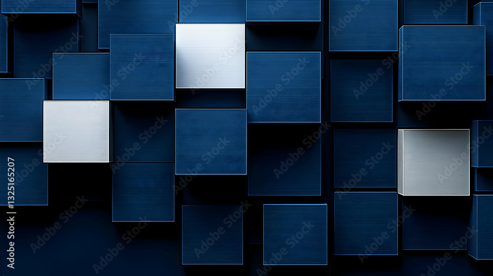 Poster abstract geometric cube pattern in shades of blue with modern texture and light accents creating 3d 