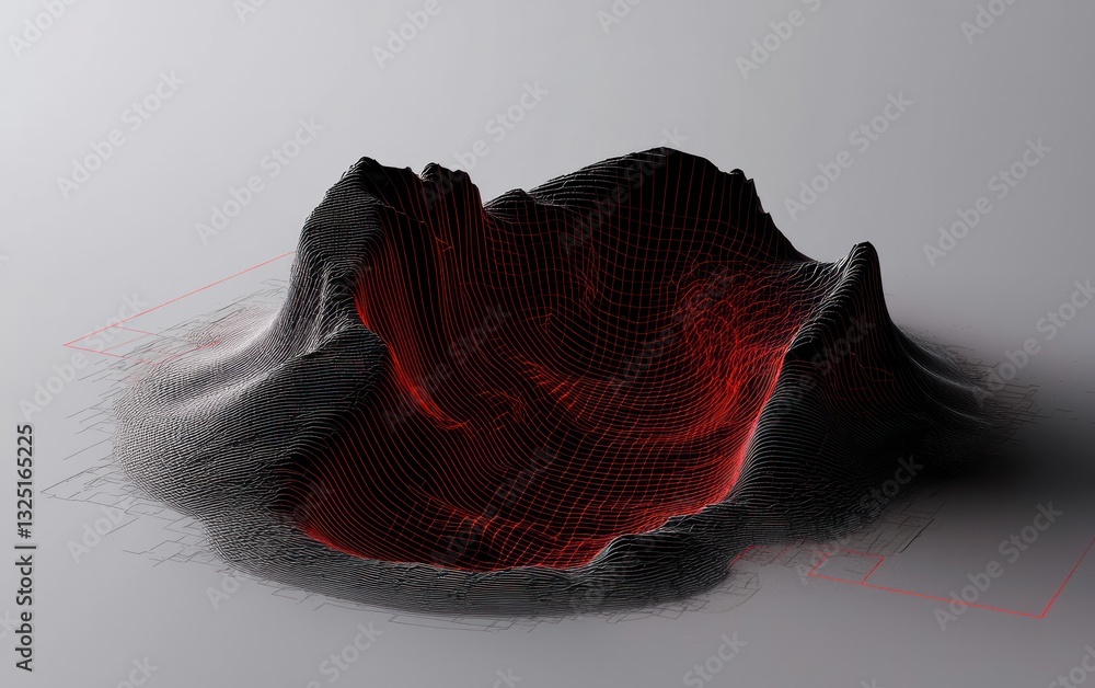 Poster abstract 3d rendering of a dark, rocky, volcano-like formation with glowing red core. isolated on a 