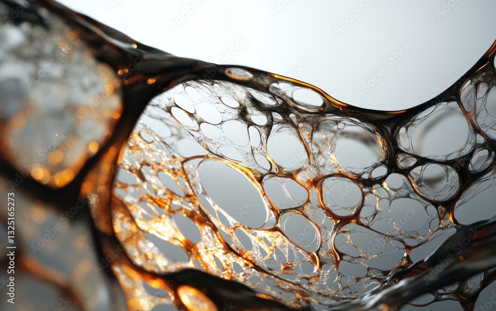 Poster abstract image of a translucent, amber-colored liquid with a complex, web-like structure. the liquid