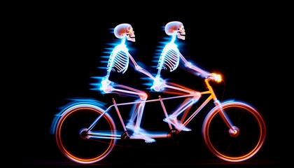 Obraz premium Glowing Skeletons on Tandem Bicycle in Dynamic Pose Against Black Background