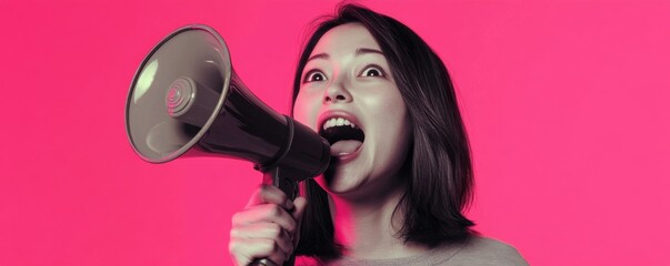 Woman shouting into megaphone against a vibrant pink background.