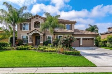 Suburban Home Exterior with Lush Landscaping under a Sunny Sky