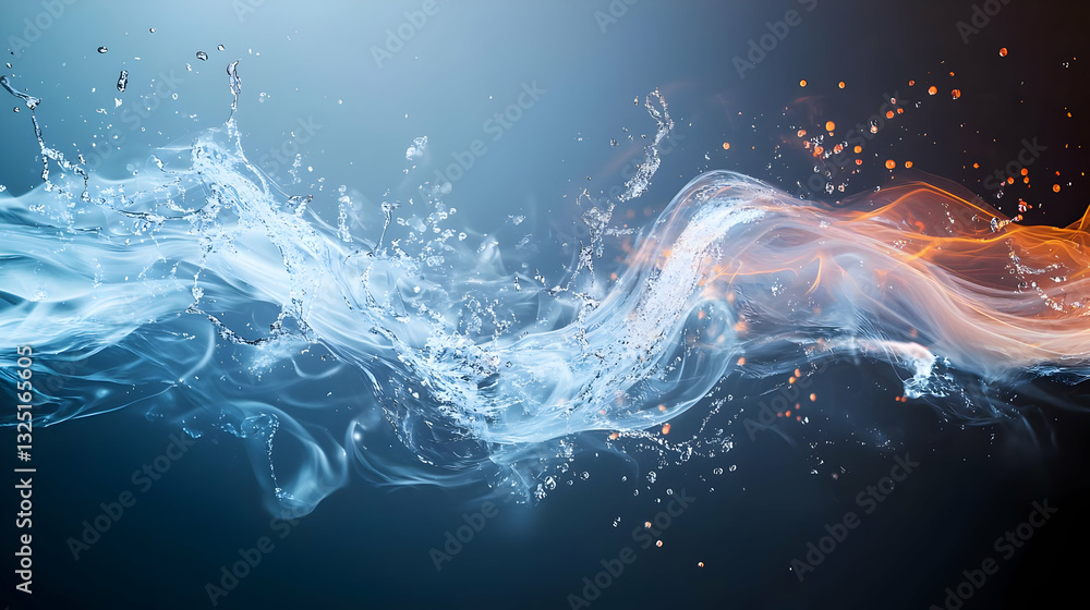 Poster dynamic collision of fire and ice elements with swirling smoke and sparks on a dark background
