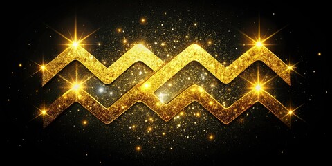 Aquarius Zodiac Silhouette, Golden Glittery Astrology Symbol, Black Night Sky, Horoscope Sign, Celestial, Mystic, Starry
