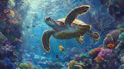 Obraz premium Sea turtle swimming in vibrant coral reef.