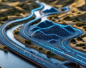 Conceptual representation showing networks with roads and natural terrain